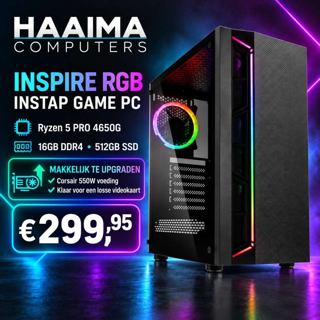 INSPIRE RGB GAMING | RYZEN 5 PRO 4650G, 16GB DDR4, 512GB SSD, Niet ingevuld, Ophalen of Verzenden, Gaming, 512GB