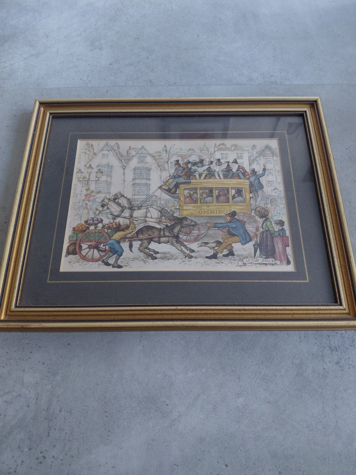 Anton Pieck print 'Omnibus' in lijst, Ophalen, Ingelijst, Klassiek, Print