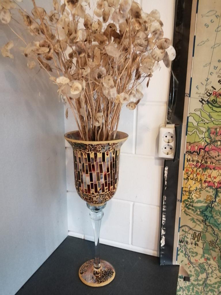 XXL OUDE GLAZEN VAAS INGELEGDE MOZAÏEK 52X21 CM MOOIE STAAT, Antiek en Kunst, Ophalen of Verzenden
