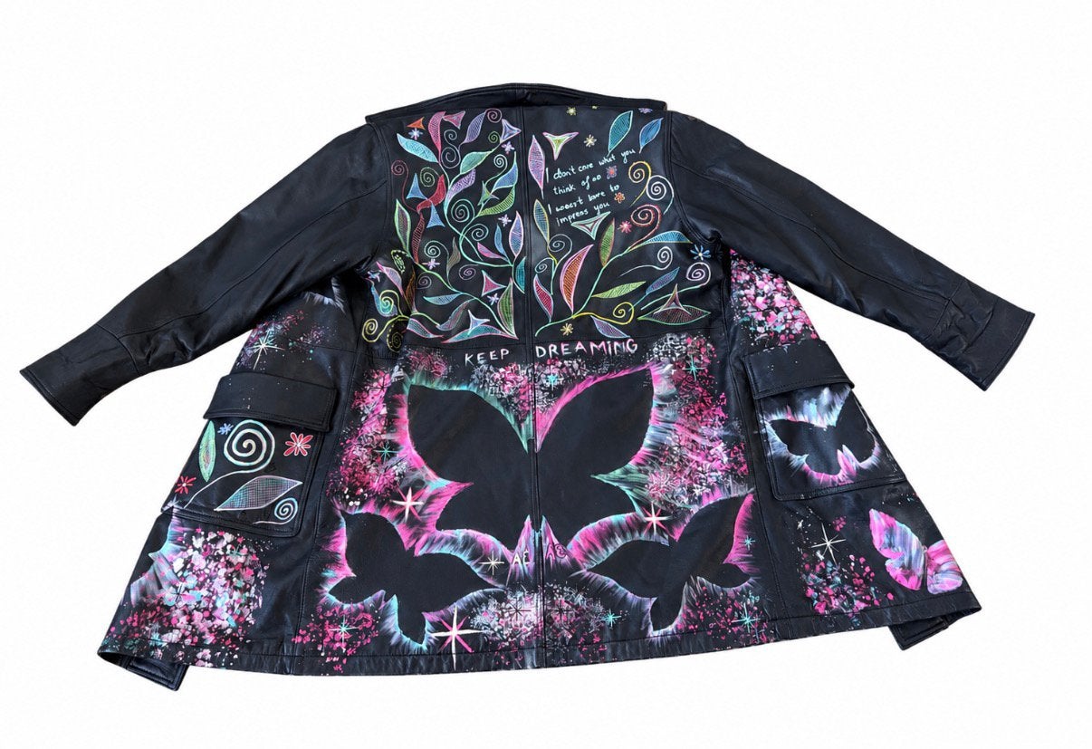 Lederen lange jas Skinflower airbrush-44🌸nieuwstaat, Kleding | Dames, Ophalen of Verzenden, Zo goed als nieuw, Maat 42/44 (L)