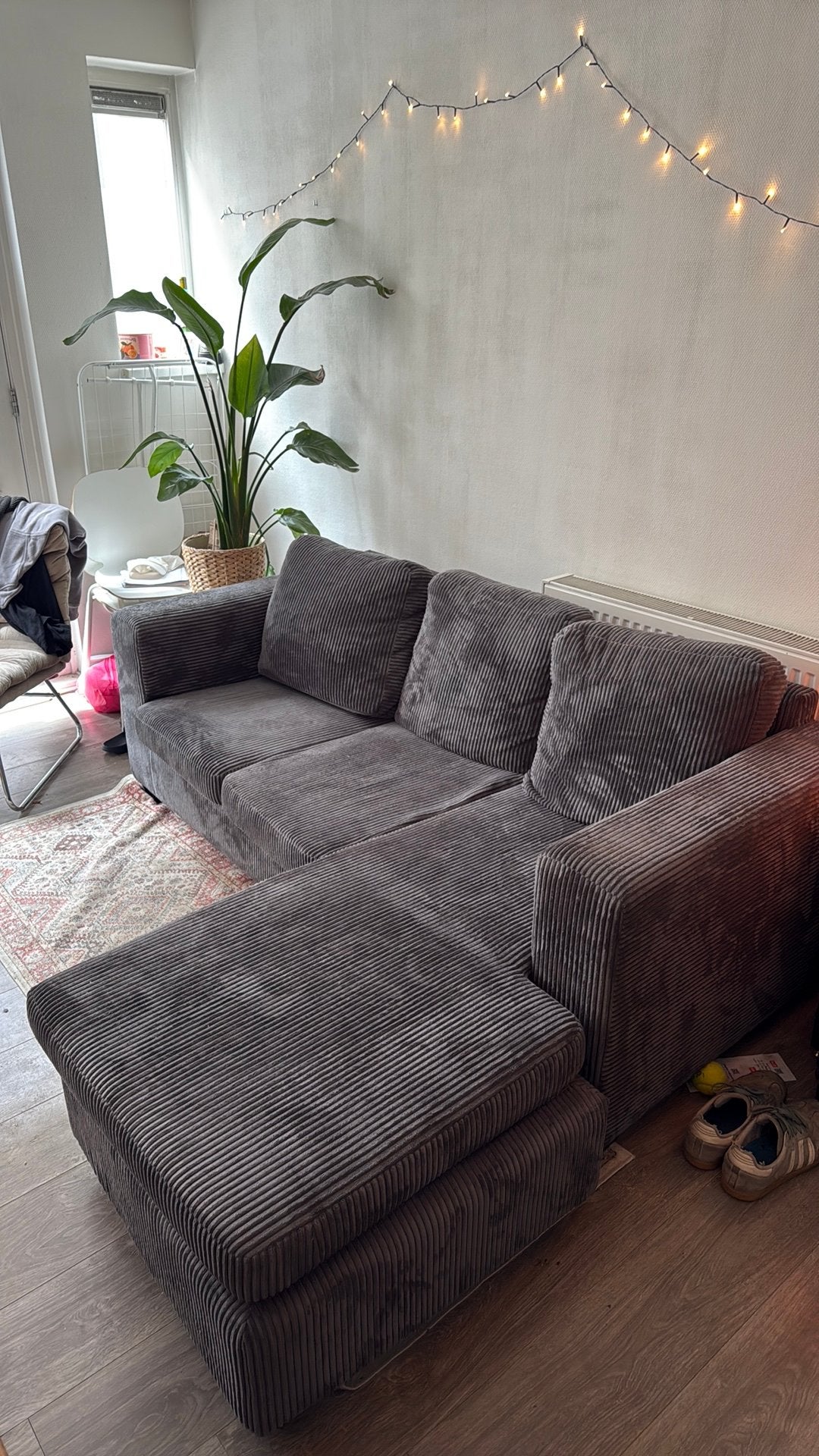 Grijze ribcord hoekbank, Ophalen, Gebruikt, 150 tot 200 cm, Hoekbank