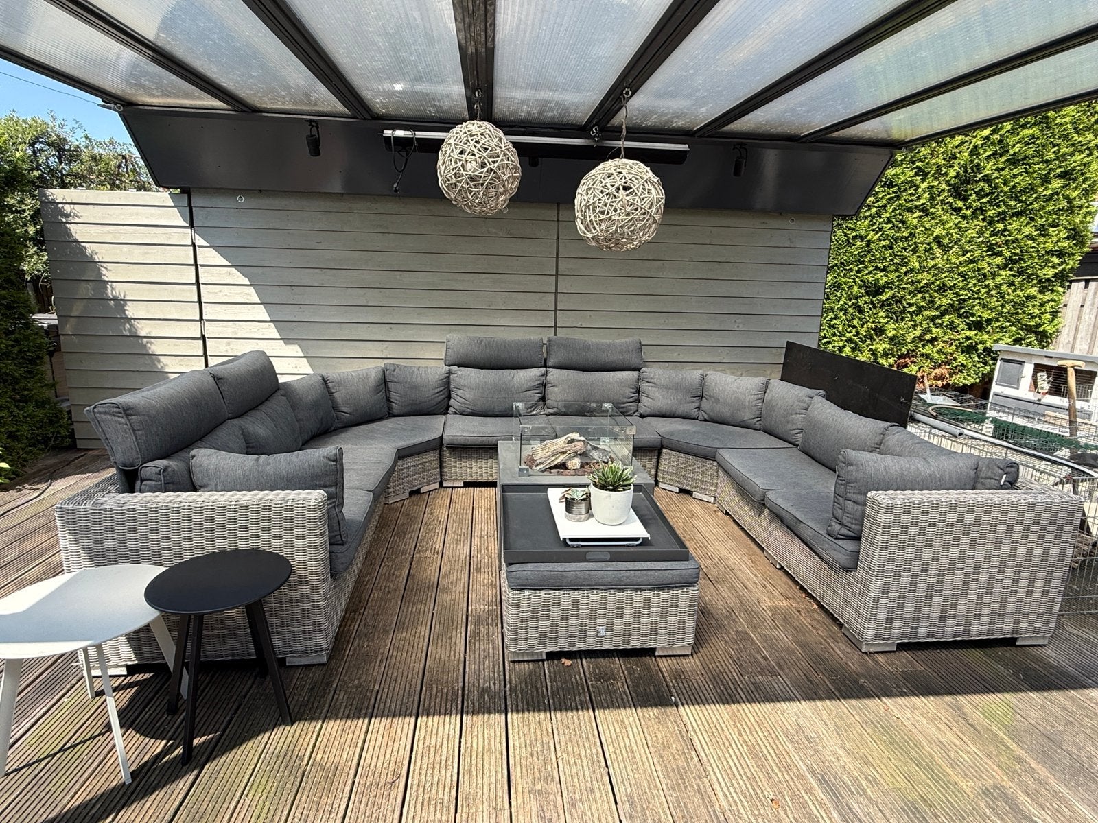 Zeer complete grote loungeset + Happy Cocooning vuurtafel, Ophalen, Gebruikt, Bank, Meer dan 8 zitplaatsen