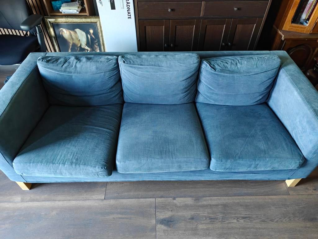 2x Comfortabele 3-zitsbank in blauw/grijs, Ophalen, Gebruikt, Stof, Modern, Comfortabel