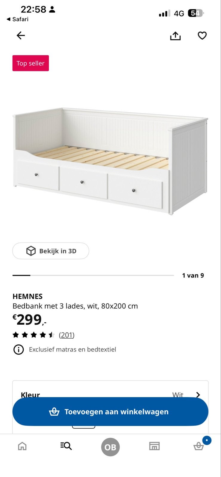 IKEA Hemnes bedbank met 3 lades, wit, 80x200 cm, Ophalen, Eenpersoons, Wit, Zo goed als nieuw