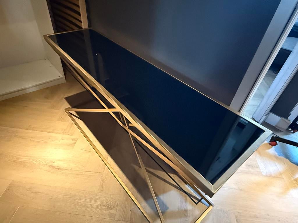Modern Dressoir met Glazen Blad en Gouden Frame, Ophalen, 150 tot 200 cm, 25 tot 50 cm, Glas