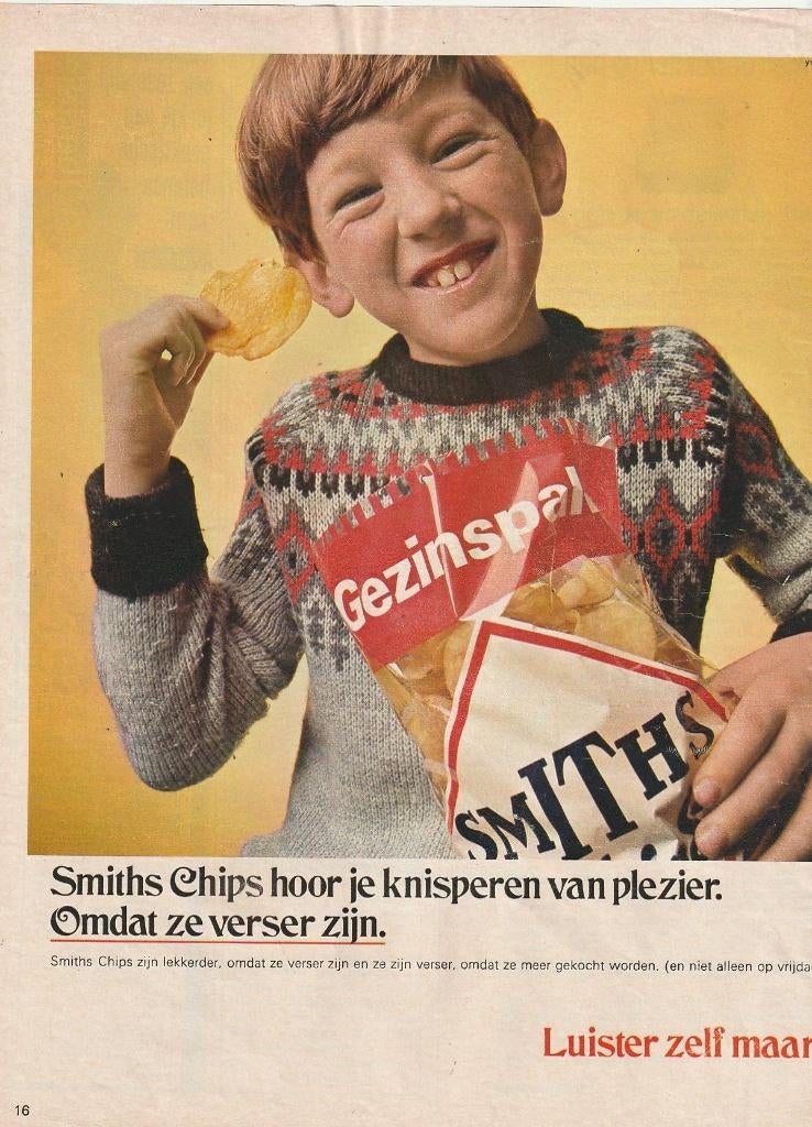 Retro reclame 1969 Smiths chips jongetje heeft plezier, Verzamelen, Retro, Verzenden, Overige typen