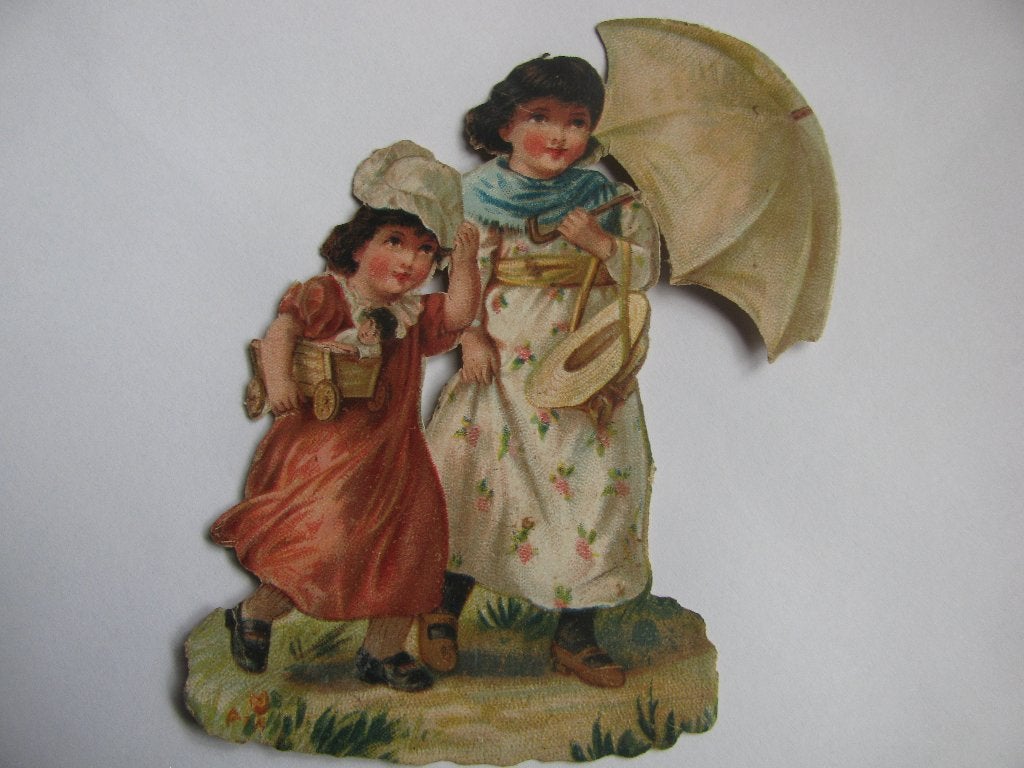 Antiek Poesieplaatje - Kinderen met Pop & Parasol 9 x 7 cm, Verzamelen, Verzenden