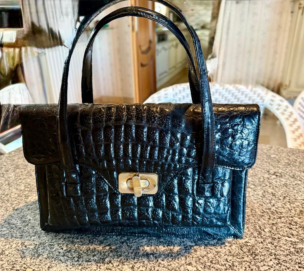 Vintage Zwarte Lederen Handtas Jaren '50, Sieraden, Tassen en Uiterlijk, Tassen | Damestassen, Ophalen of Verzenden, Gebruikt