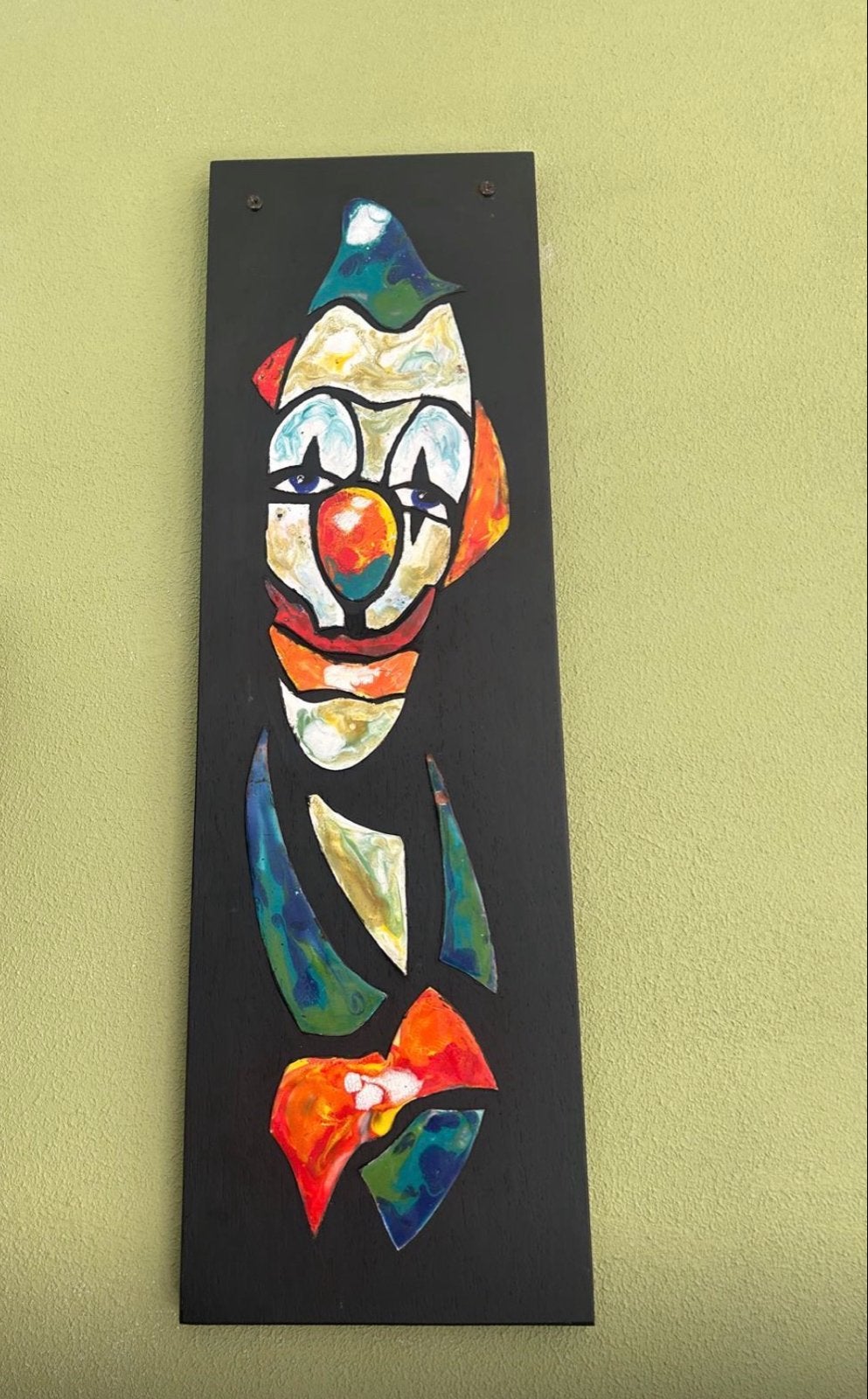 Uniek Clown Kunstwerk - Levendige Kleuren op Hout, Antiek en Kunst, Ophalen, Paneel, Portret of Personen, Expressionistisch