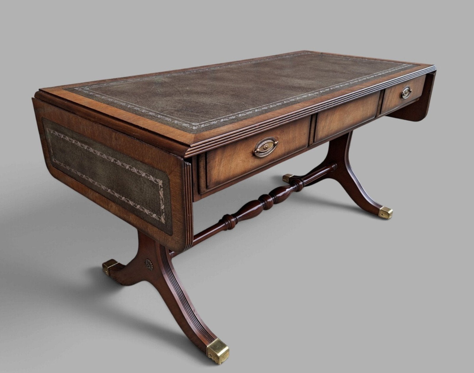 Klassieke empire stijl salontafel met lederen inleg, Ophalen of Verzenden, Rechthoekig, 100 tot 150 cm, 50 tot 100 cm
