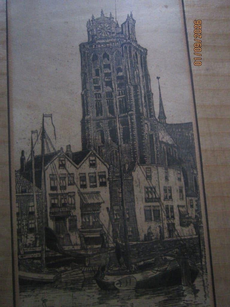 DOM van DORDRECHT, Mooie ets Grotekerk van Marius JANSSEN, Ophalen, Architectuur, Ets, 1900 - 1949