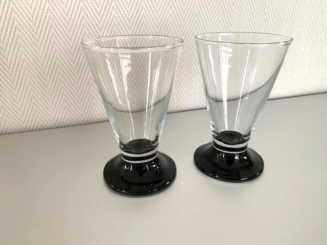 Art Deco wijn/ waterglazen op zwarte voet, handgeblazen '30, Ophalen of Verzenden