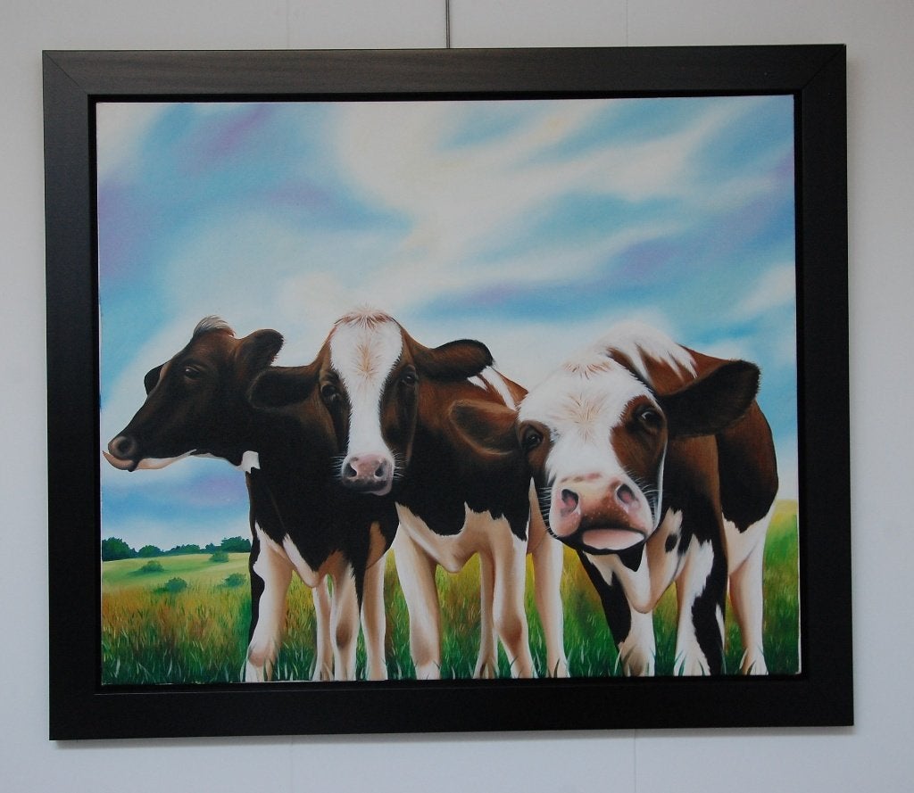 Beschrijving Schilderij koeien. opruiming., Antiek en Kunst, Ophalen, Doek, Dieren, Origineel werk