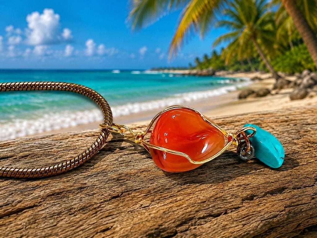 Prachtige Edelsteen met zwart waxcoard(Carneool & Turquoise), Sieraden, Tassen en Uiterlijk, Verzenden, Nieuw, Oranje, Steen of Mineraal