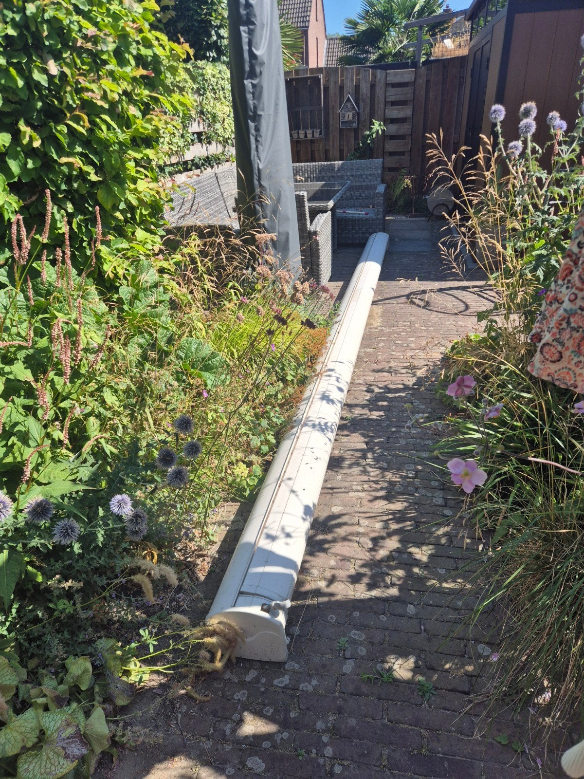 Zonnescherm 5m breed, 2,50m uitval -geel/Wit grijs gestreep, Tuin en Terras, 150 tot 300 cm, Ophalen, Gebruikt, Knikarmscherm