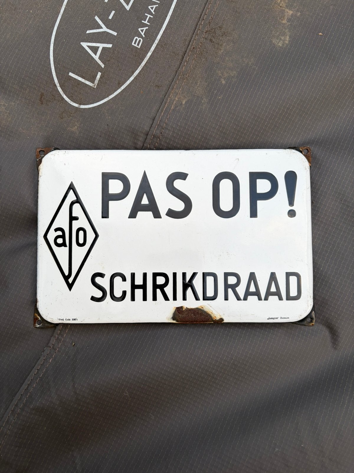 Emaille reclamebord AFO Pas op schrikdraad LANGCAT, Ophalen of Verzenden, Gebruikt, Reclamebord