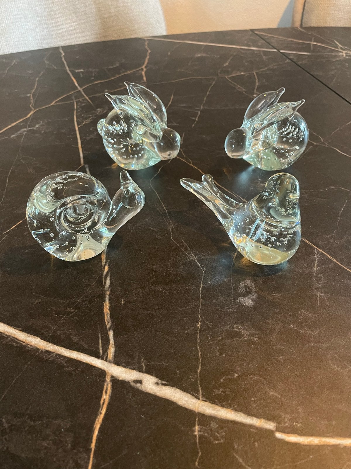 Glazen decoratie beeldjes: slak, vogeltje, konijnen (4 st.), Ophalen, Zo goed als nieuw, Glas, Modern
