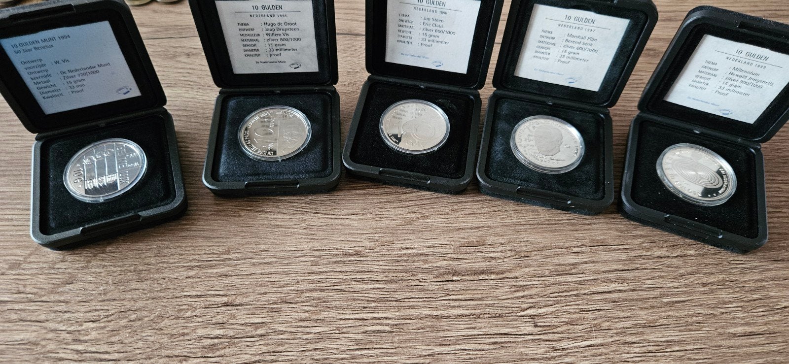Zilveren Tientjes Beatrix compleet proof in orginele doosjes, Setje, Koningin Beatrix, Zilver, Ophalen of Verzenden