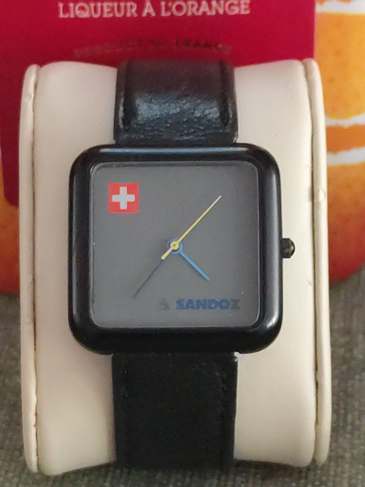 Vintage Sandoz Polshorloge - Zwart Leer & Vierkante Kast, Ophalen of Verzenden, Zo goed als nieuw, Leer, Overige merken