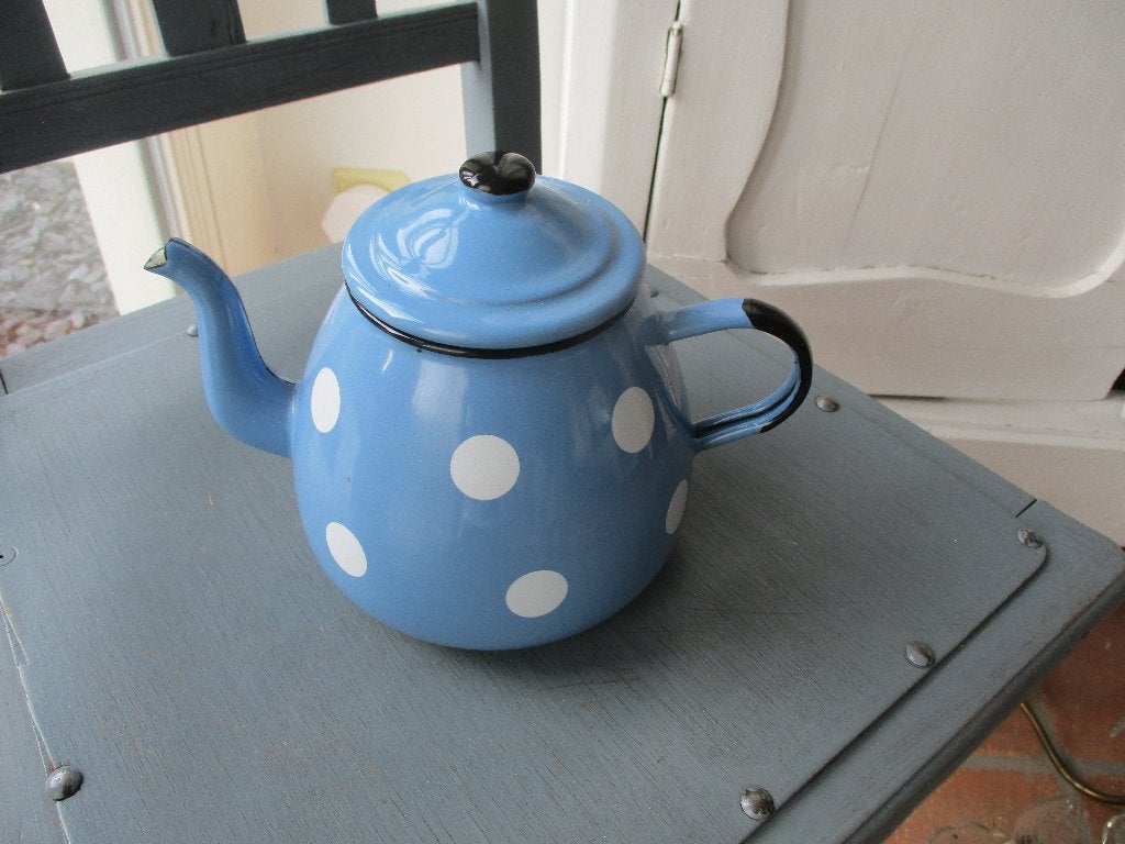 mooie blauwe emaille theepot polka dot, Ophalen of Verzenden