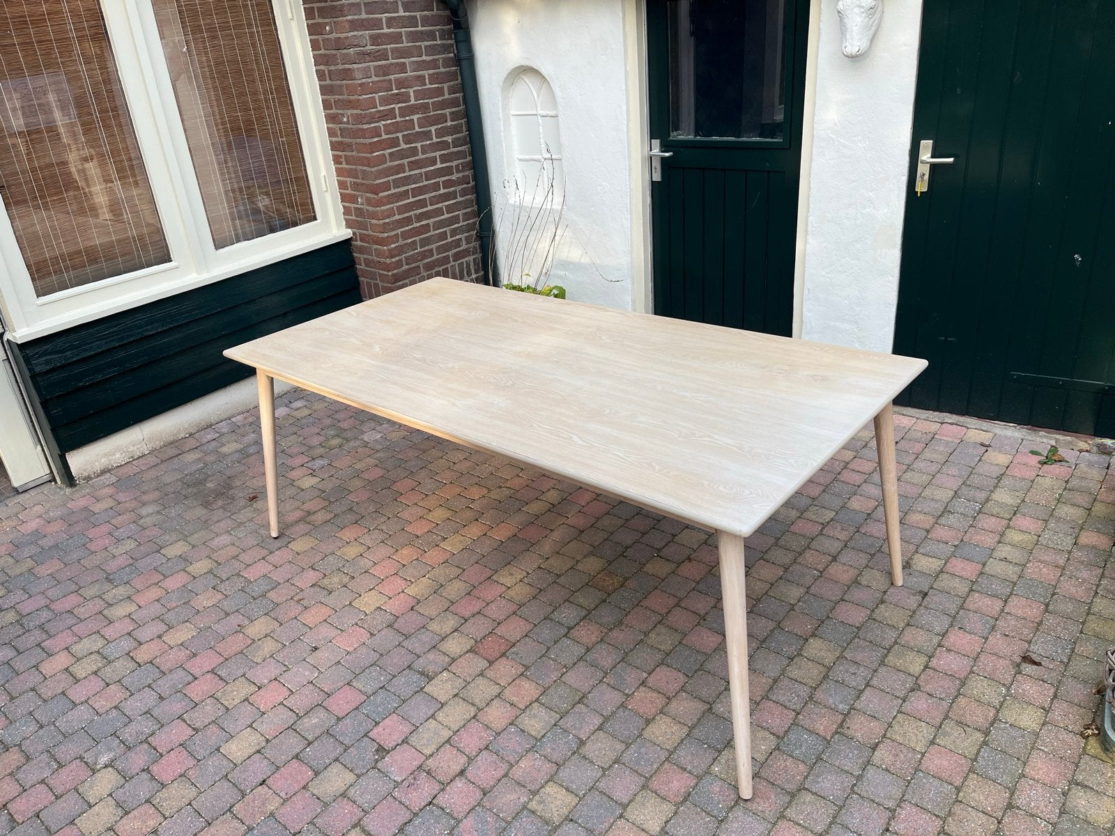 Eiken white wash fineer tafel met retro poten (200x100cm), Huis en Inrichting, Ophalen, Gebruikt, Eikenhout, 50 tot 100 cm