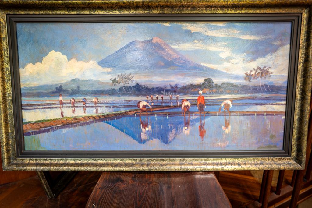 Schilderij: Indonesisch Landschap met Rijstvelden en Vulkaan, Ophalen of Verzenden