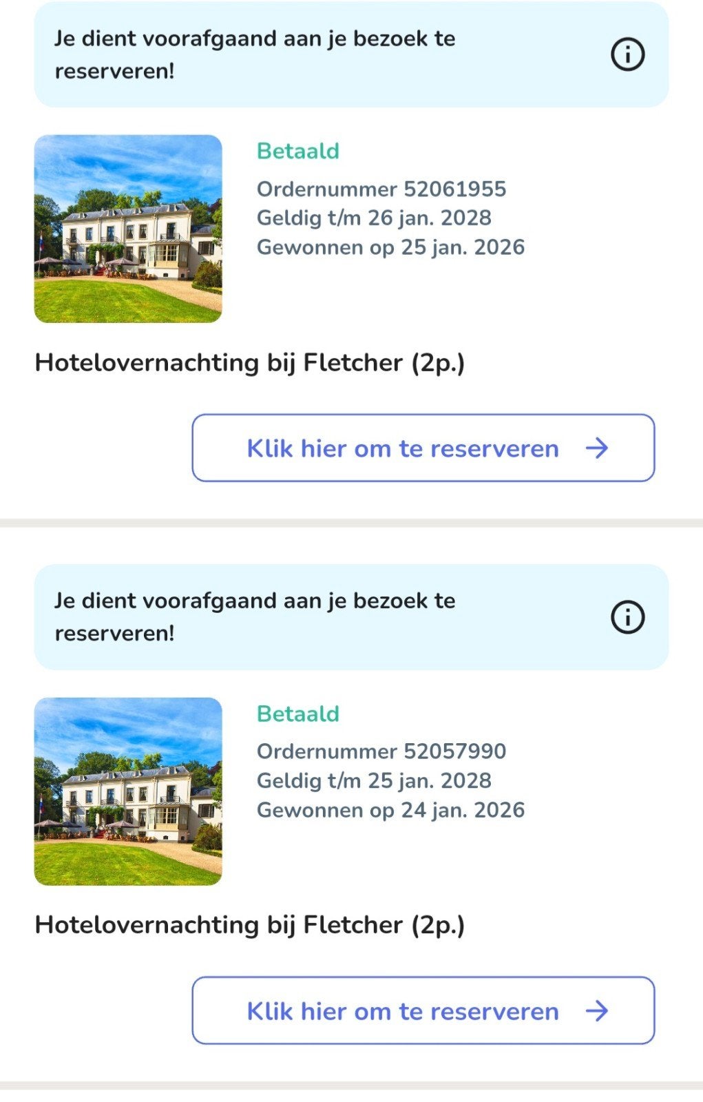 2 vouchers fletcher, Tickets en Kaartjes, Hotelbonnen, Twee personen, 1 overnachting