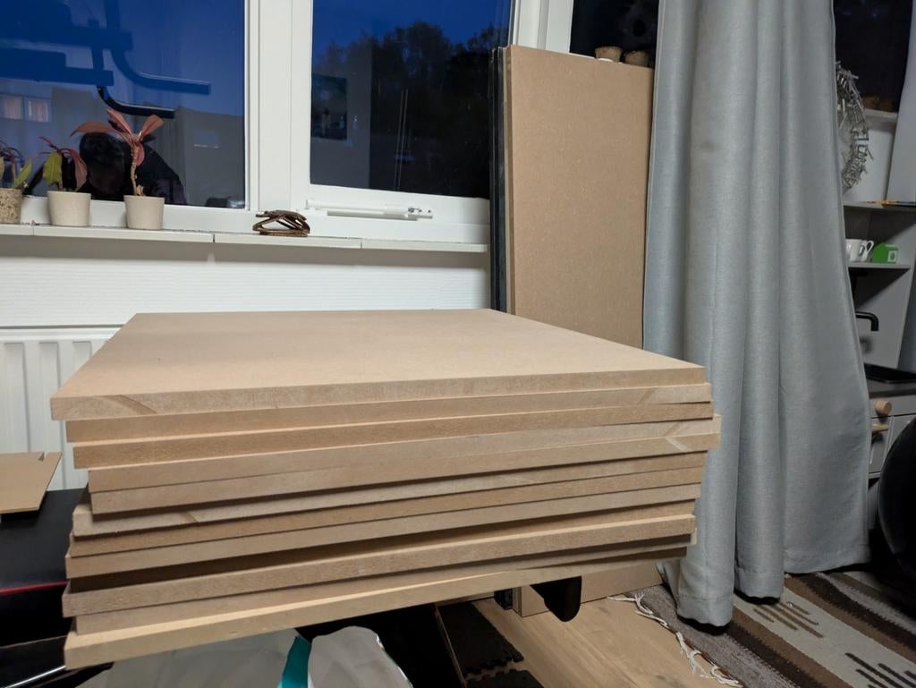 14 MDF platen 18 mm: twee 120x60 en twaalf 60x60 cm, Doe-het-zelf en Verbouw, Platen en Panelen, Ophalen, Zo goed als nieuw, Minder dan 20 mm