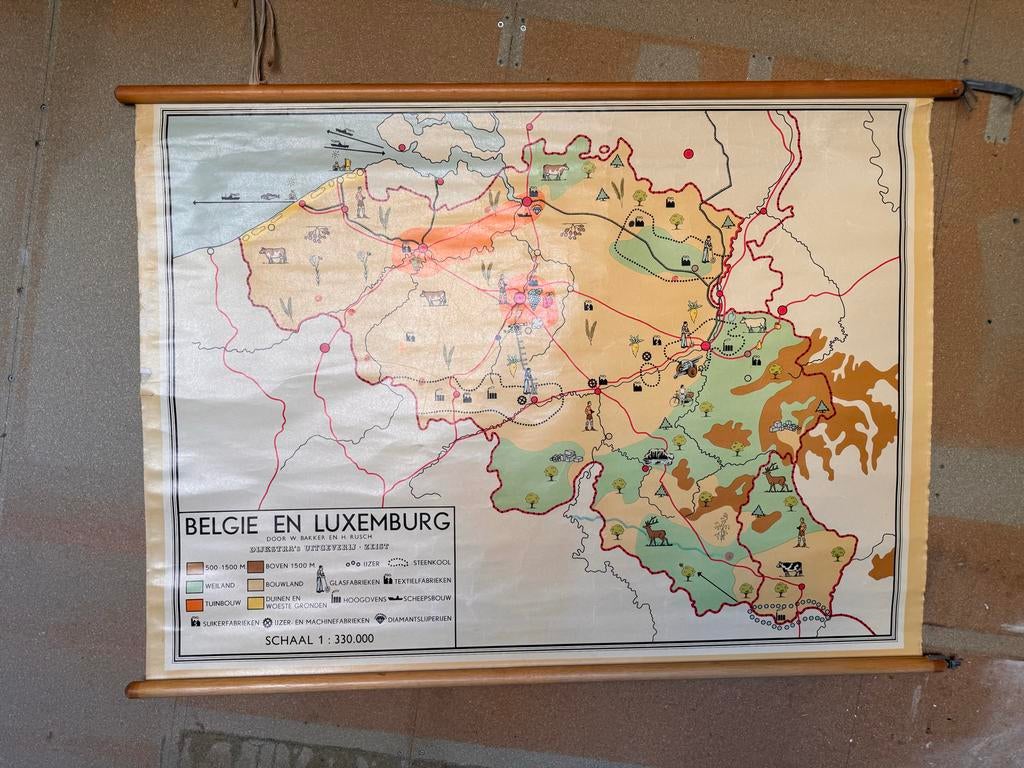 Oude Landkaart België en Luxemburg 82x117 cm, Landkaart, België of Luxemburg, 1800 tot 2000, Ophalen