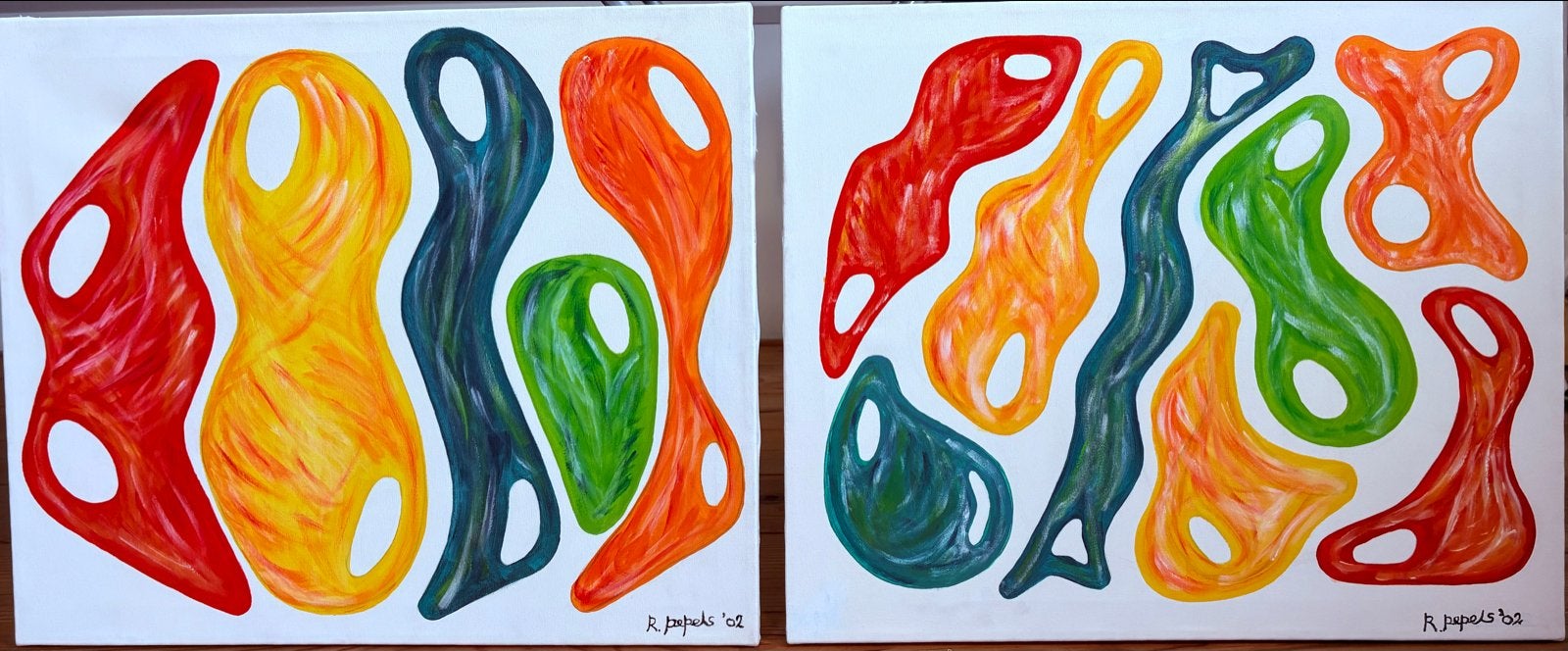 Set van 2 abstracte acryl schilderijen, 65x55 cm, Ophalen