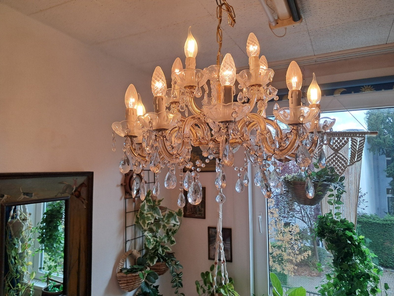 Prachtige kristallen kroonluchter met 15 lampen, Ophalen, Gebruikt, Klassiek, Kristal, Barok, E14 (klein)
