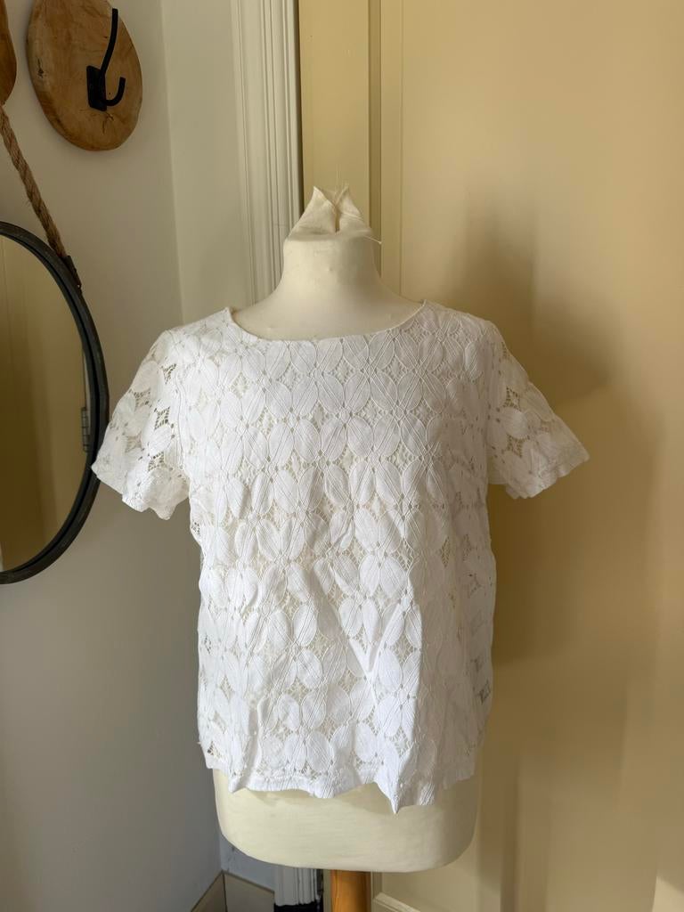 Guts & Gusto Witte Kanten Top met Korte Mouwen, Kleding | Dames, T-shirts, Maat 38/40 (M), Wit, Ophalen of Verzenden, Zo goed als nieuw