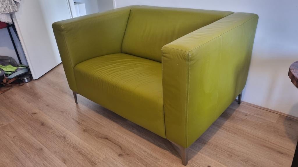 Loveseat bank leer geel/groen, Ophalen, Gebruikt, Tweepersoons, Minder dan 150 cm