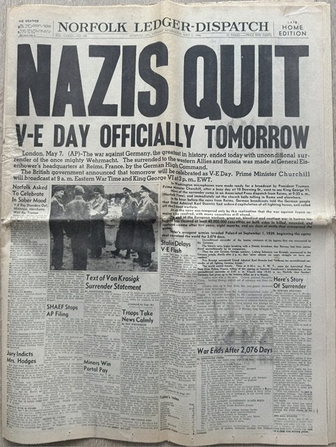 Krant van 7 mei 1945, einde tweede wereldoorlog, USA, Boeken, Tijdschriften en Kranten, Ophalen of Verzenden, Gelezen, Krant