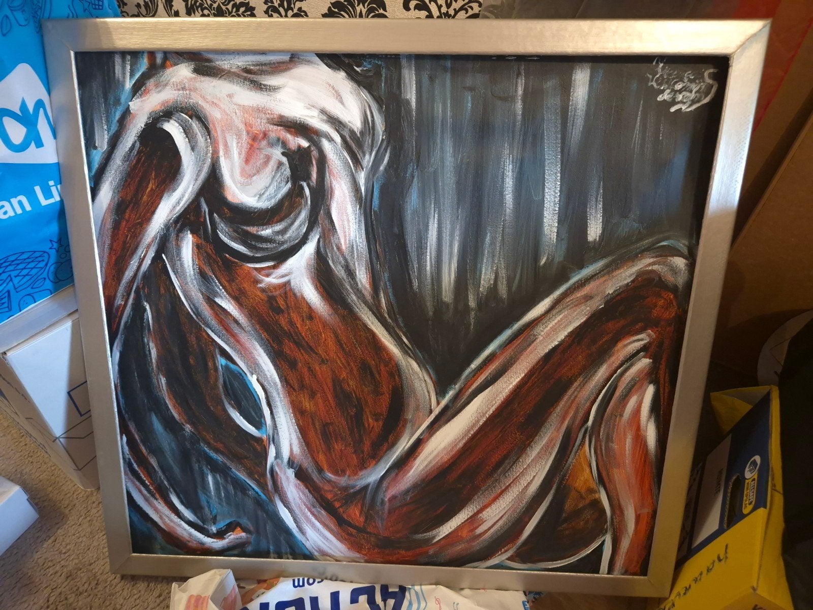 Abstract Figuur Schilderij - 78x85 cm, Ophalen, Ingelijst, Textiel, Figuren