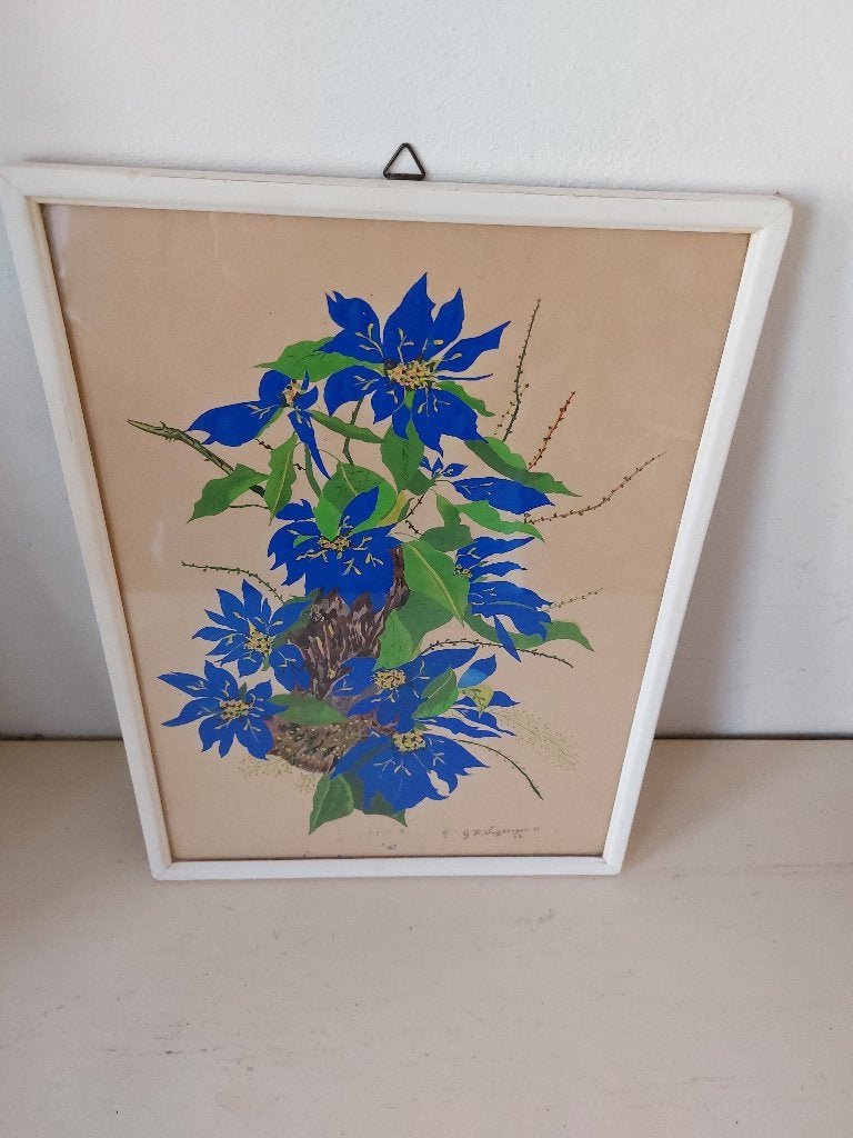 Bloemstilleven schilderij gesigneerd G.H. Uybergen 1958, Gedateerd, Papier, Vintage, Ophalen