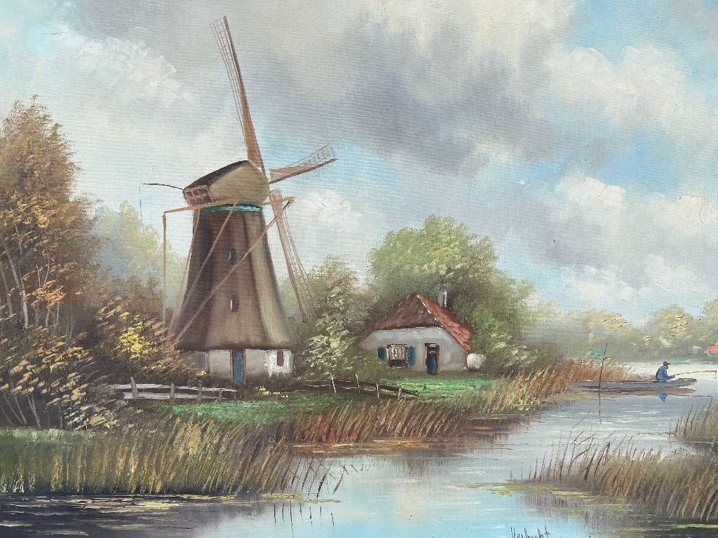 Schilderij Hollands landschap, kunstenaar J. Verhulst, Antiek en Kunst, Kunst | Schilderijen | Klassiek, Ophalen, Doek, Landschap