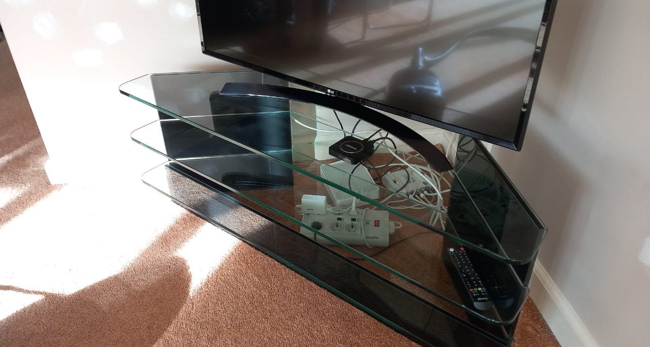 Glazen Hoek TV Kast - Modern Design, Huis en Inrichting, Kasten | Televisiemeubels, Ophalen, Gebruikt, 50 tot 100 cm, Glas