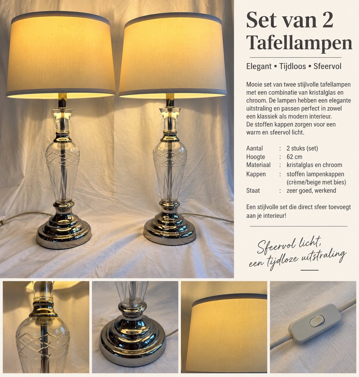 Set Klassieke tafellampen met Geslepen Glas & Crème kap, Beige, Gebruikt, Overige merken, Glas