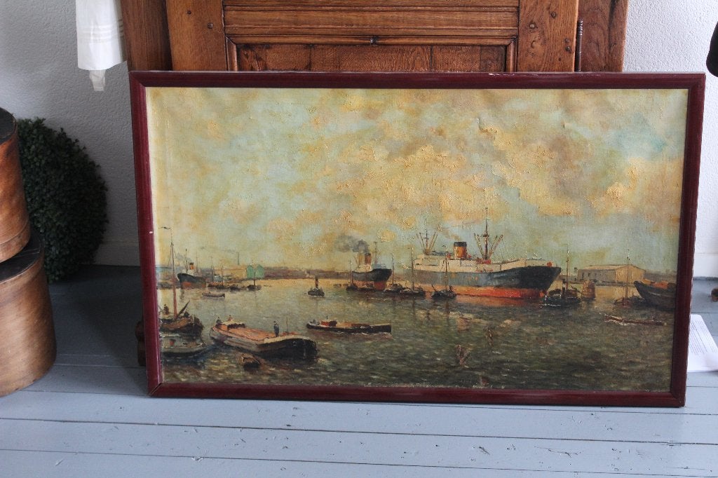 haven schilderij van H W eckhardt, Ophalen, Maritiem / water, Doek, Overige technieken