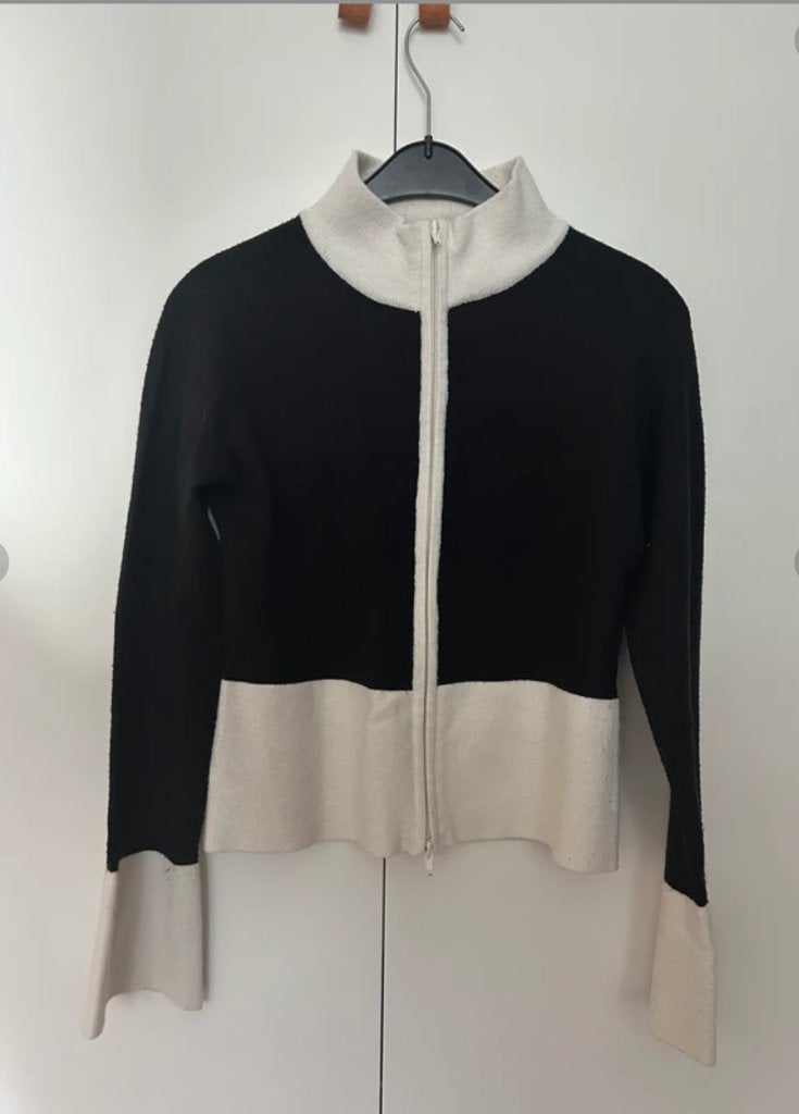 Vintage zwart off-white double zip bell sleeves vest, Maat 38/40 (M), Zwart, Ophalen of Verzenden, Zo goed als nieuw