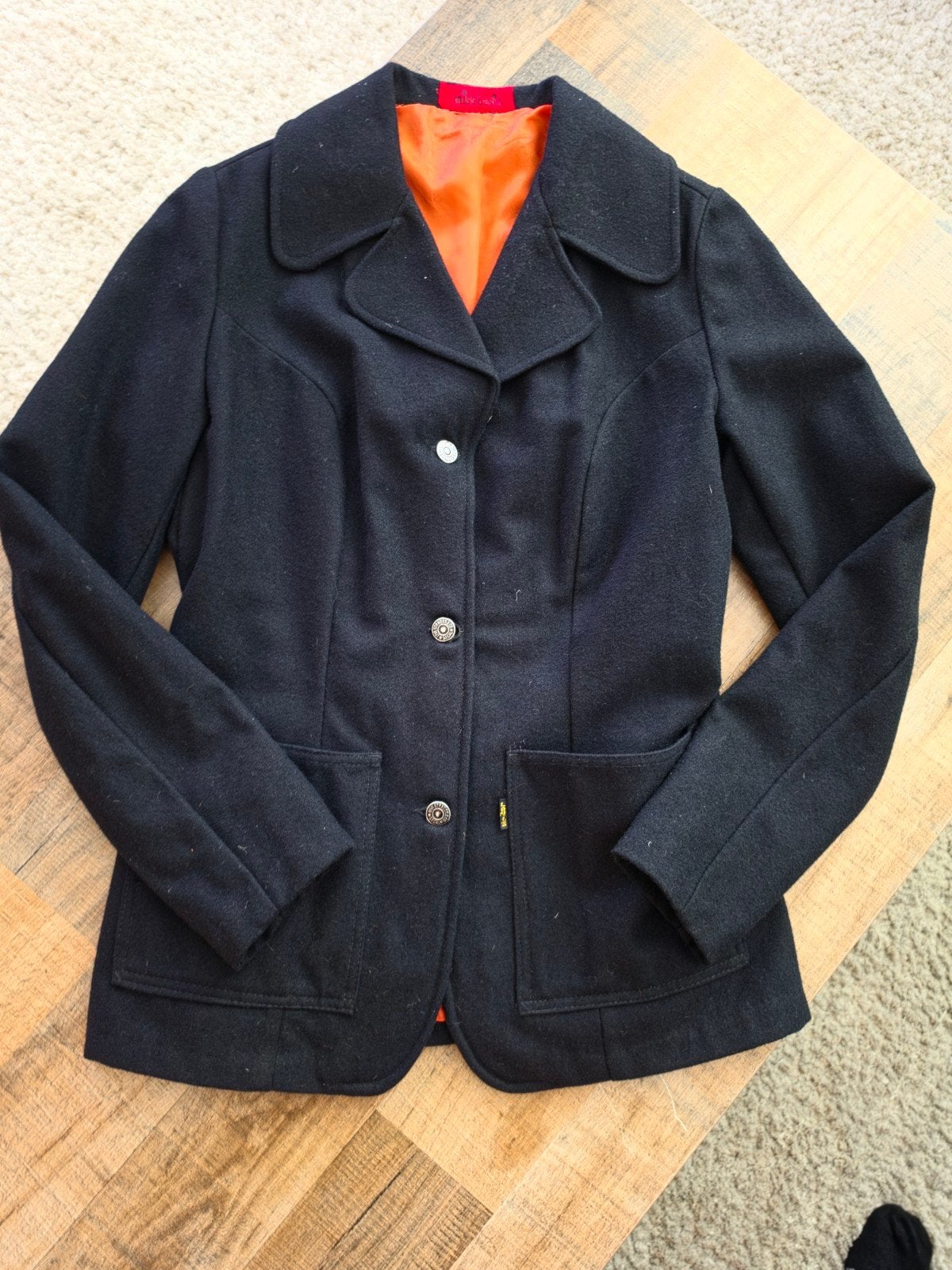 Zeldzame Vintage 70s Miss Levi's Wollen Blazer • Zwart, Ophalen of Verzenden, Gedragen, Maat 34 (XS) of kleiner, Zwart