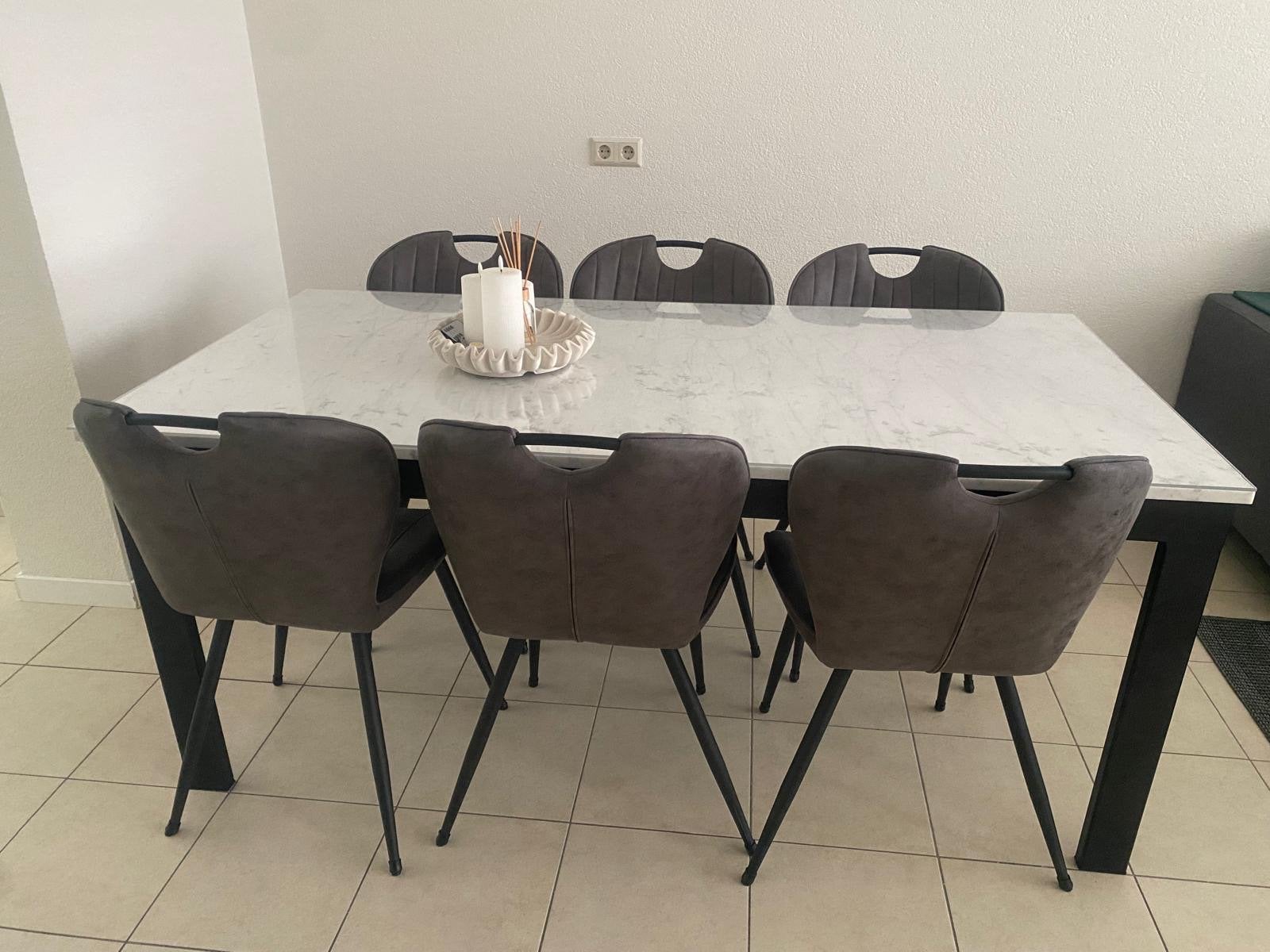 Marmeren eettafel, salontafels en 6 stoelen (ook los te koop, Huis en Inrichting, Ophalen, Gebruikt, Vijf personen of meer, Metaal