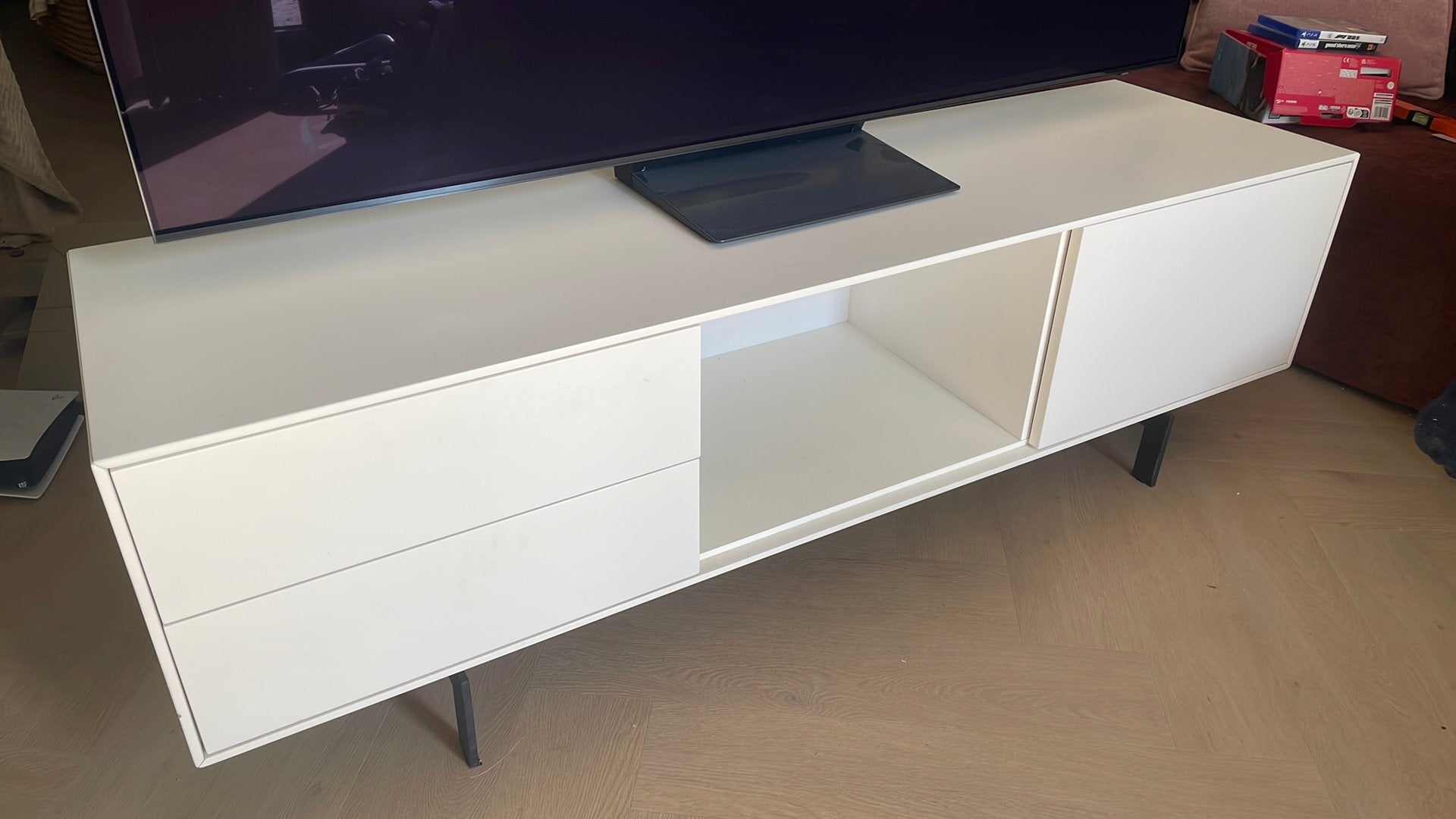 Tv meubel Goossens wit 160 cm, Ophalen, 150 tot 200 cm, Zo goed als nieuw, Minder dan 100 cm