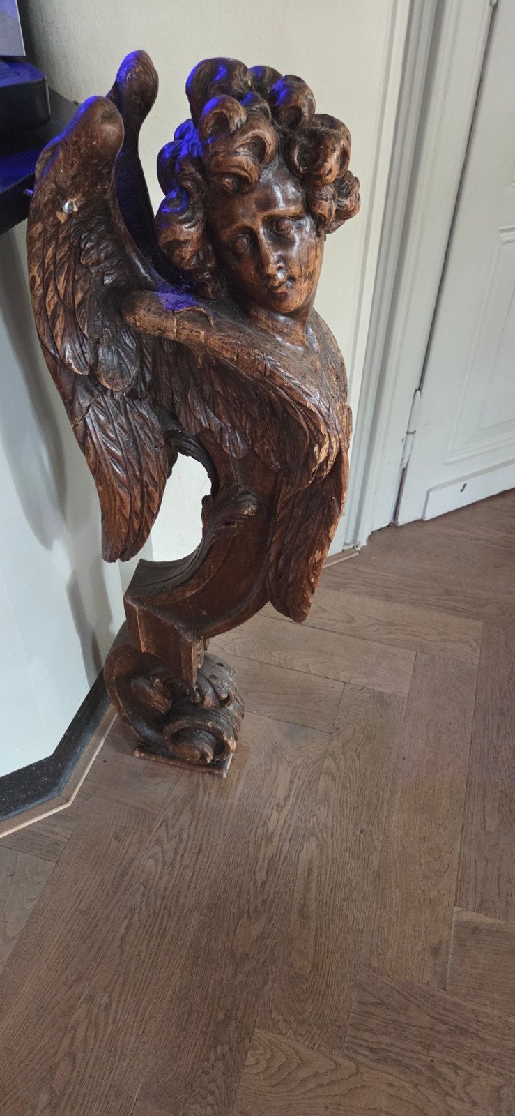 Antiek Houten Engelenbeeld met Vleugels, Ophalen, 50 - 100 cm, Handgemaakt, Beeld