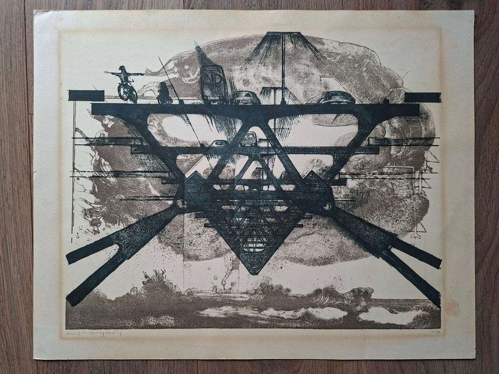 Litho Jan Kuiper - Deltawerken Haringvliet '67, Antiek en Kunst, Ophalen of Verzenden