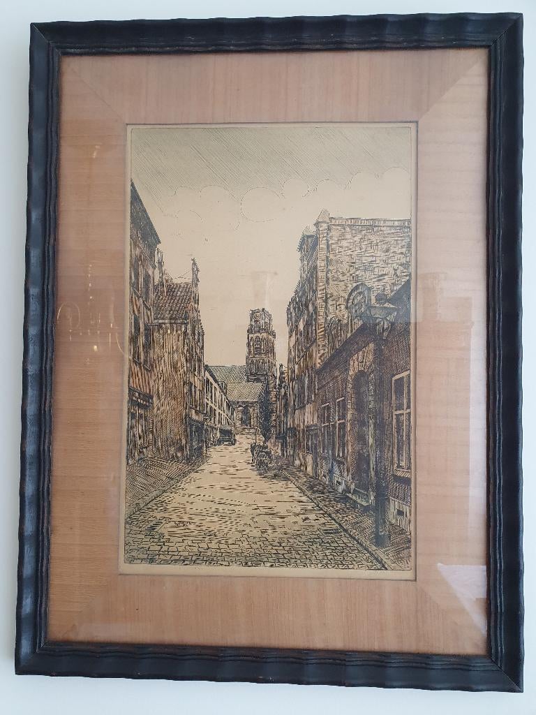 Ingelijste pentekening LangeTorenstraat  passepartout SCH43b, Antiek en Kunst, Ophalen of Verzenden