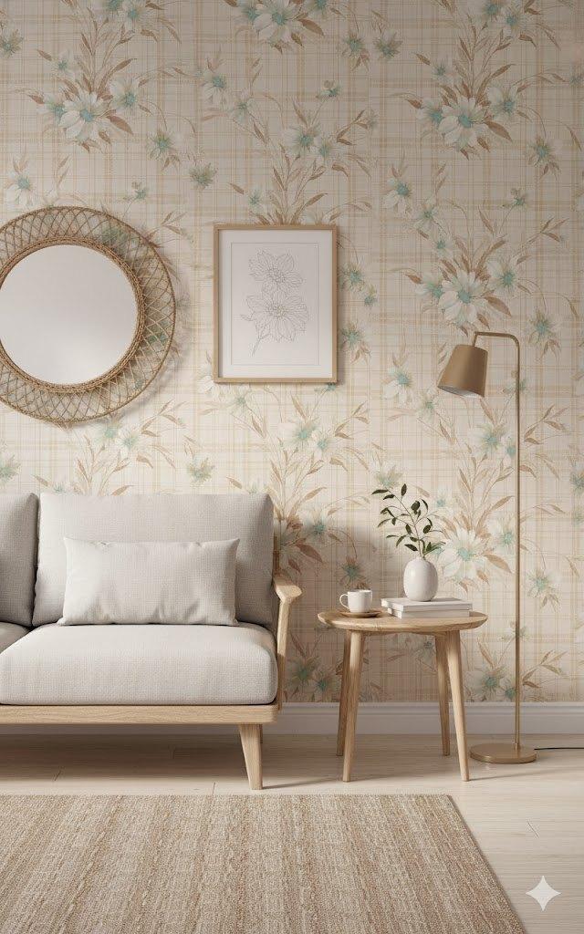 6933 Beige bloemenbehang met zachte turquoise tinten swiet, Ophalen of Verzenden, 50 tot 75 m², Beige
