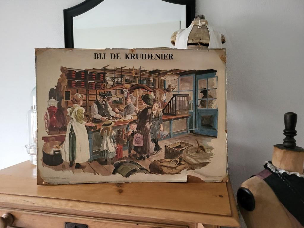 Oude prent: Bij de kruidenier, Antiek en Kunst, Ophalen of Verzenden, Stad- en Dorpsgezichten