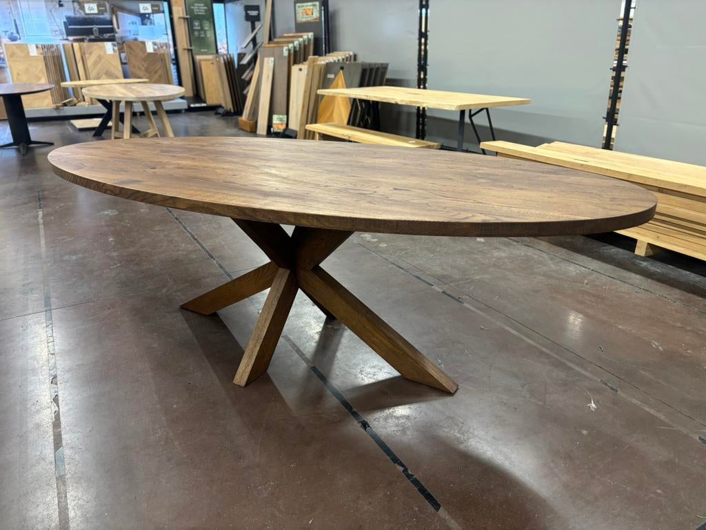 Massief eiken ovale eettafel met matrixpoot 250x110cm, Ophalen, 100 tot 150 cm, Eikenhout, 200 cm of meer